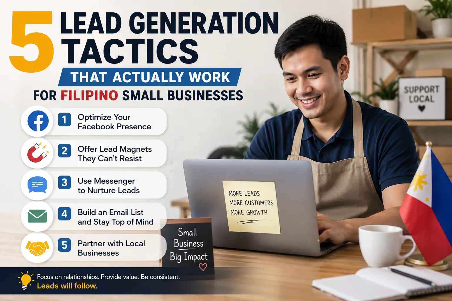 Filipino entrepreneur reviewing leads on a laptop
