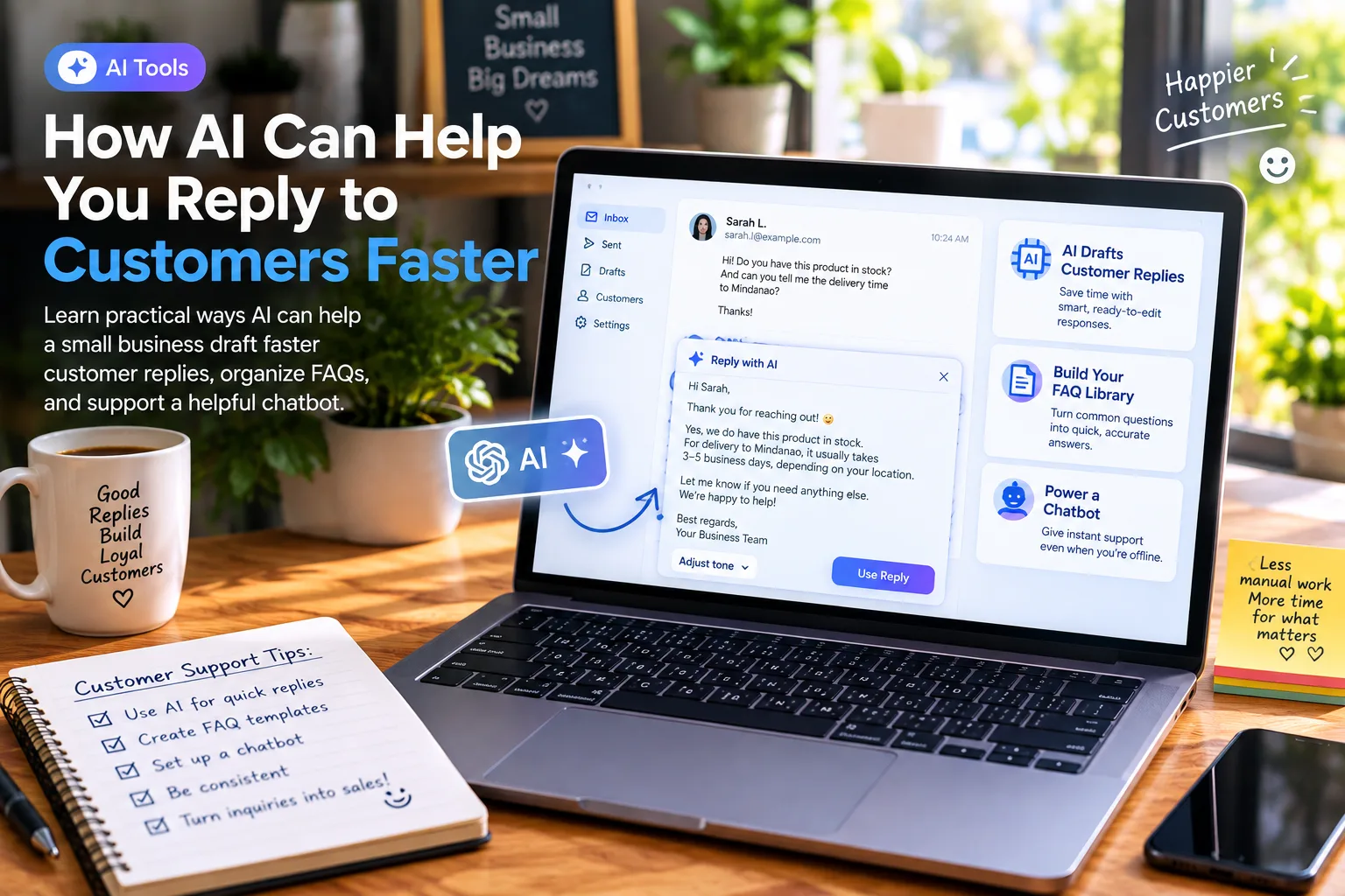 AI customer reply being drafted on a laptop