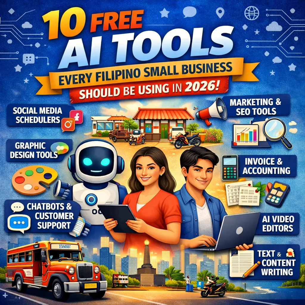 Laptop showing AI tools dashboard with a Filipino business owner