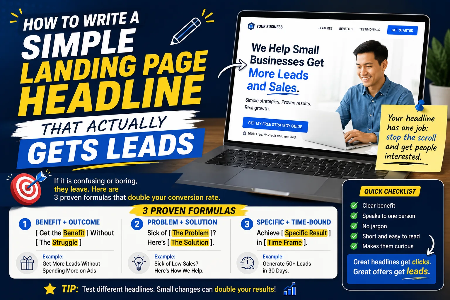 Laptop showing landing page wireframe with headline optimization