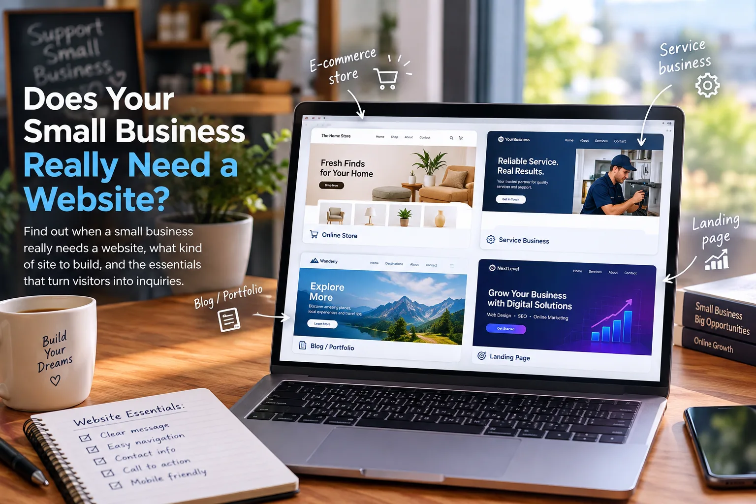 Small business website options on a laptop