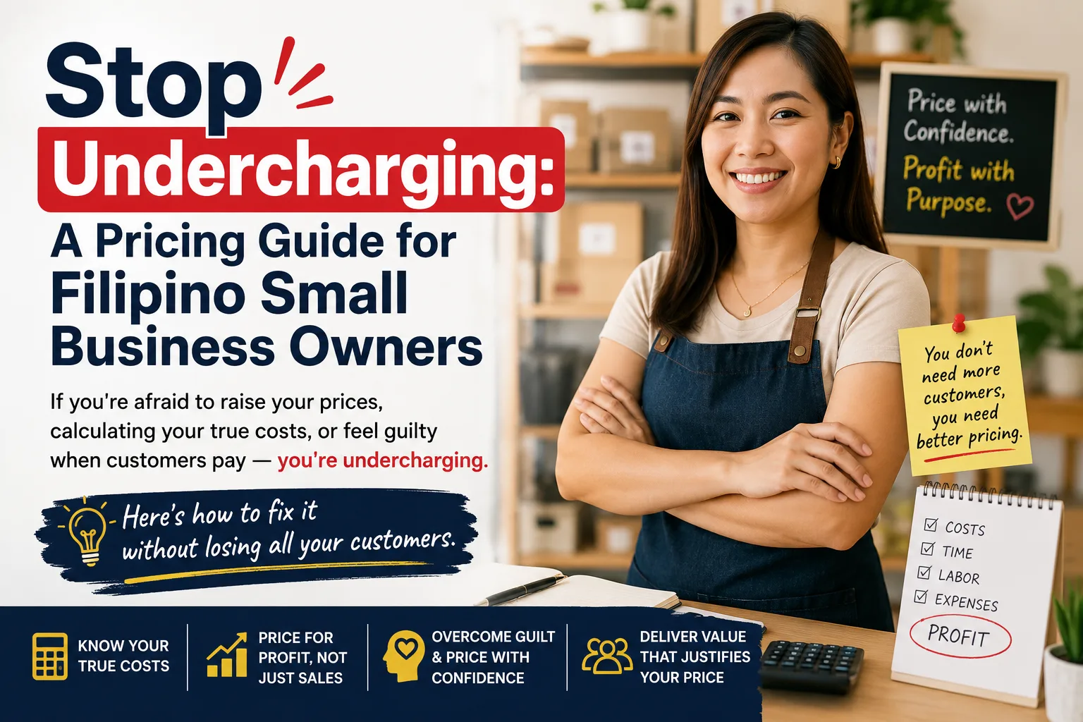 Filipino small business owner reviewing pricing and costs on a calculator